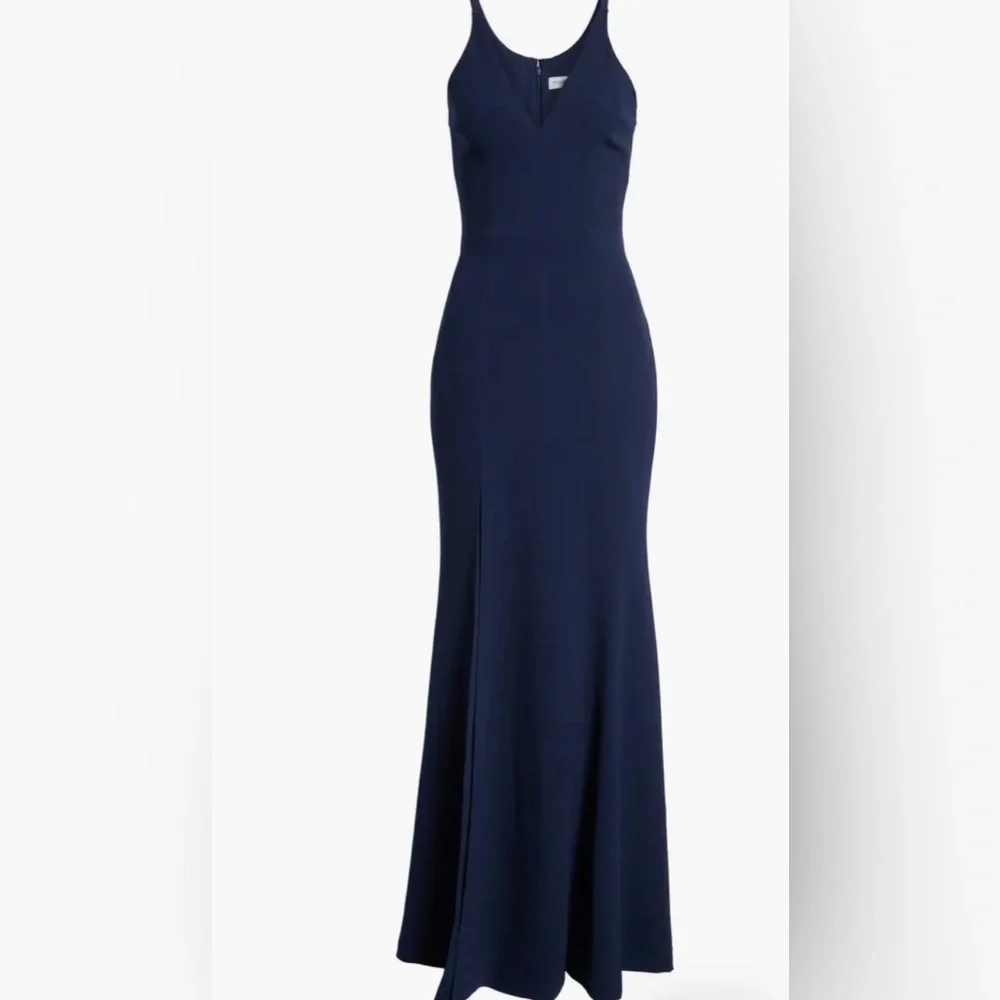 Dress the Population Wedding Guest Bridesmaid Dress Iris Slit Crepe Gown Navy